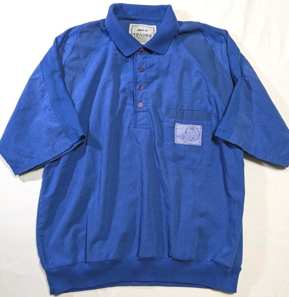 Huk-A-Poo Blue Jersey Polo Shirt with Color-Blocked Design Sz L Vintage 80s 90s